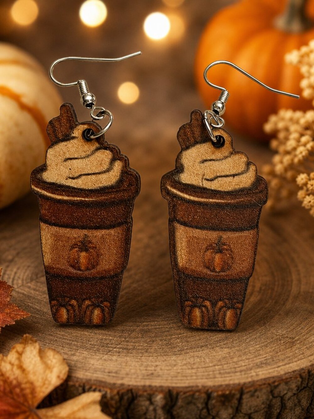 Pumpkin Coffee Dangle Wood Earrings NWT